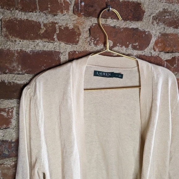 Lauren Ralph Lauren Large Ivory Cropped Open Front Elbow Sleeve Cardigan - Picture 2 of 7